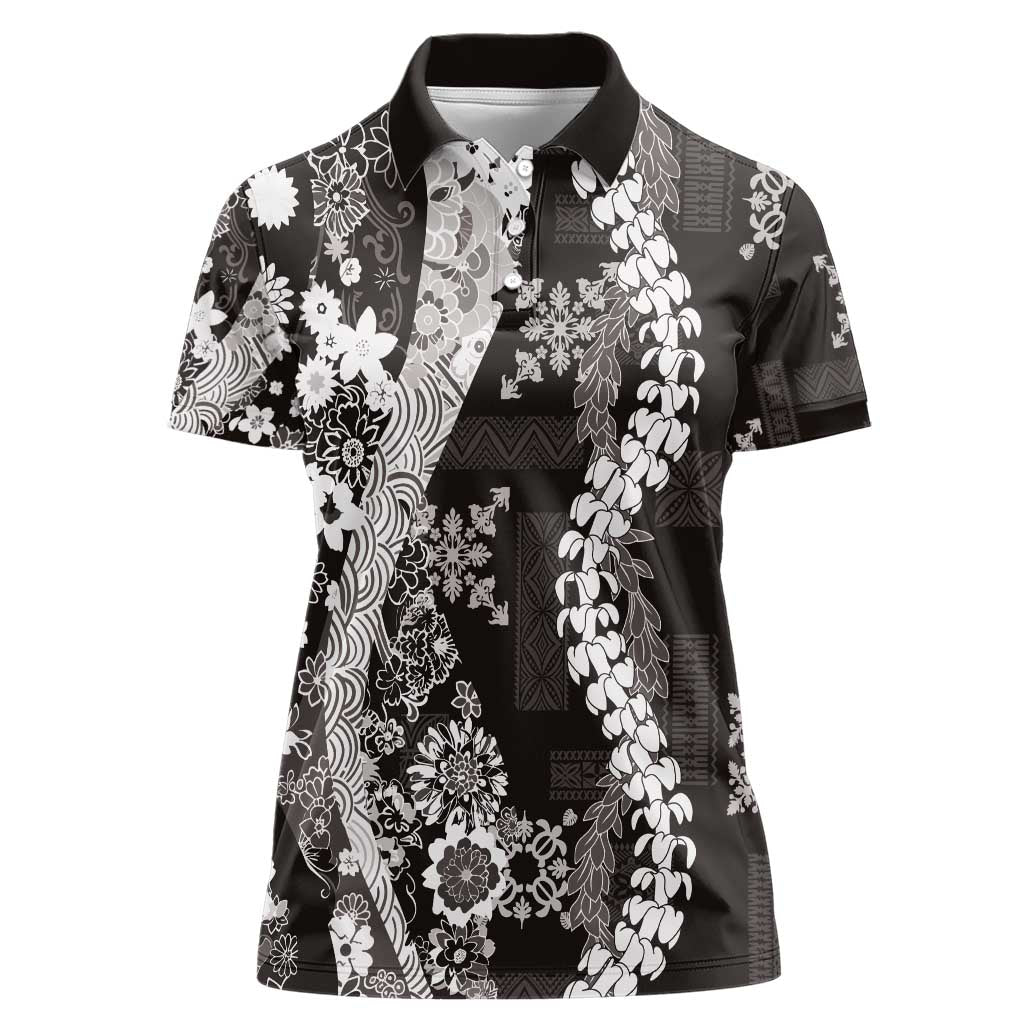 Hawaii Puakenikeni and Maile Lei Women Polo Shirt Black Japanese Wave Style - Polynesian Pride
