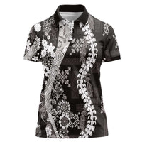Hawaii Puakenikeni and Maile Lei Women Polo Shirt Black Japanese Wave Style - Polynesian Pride