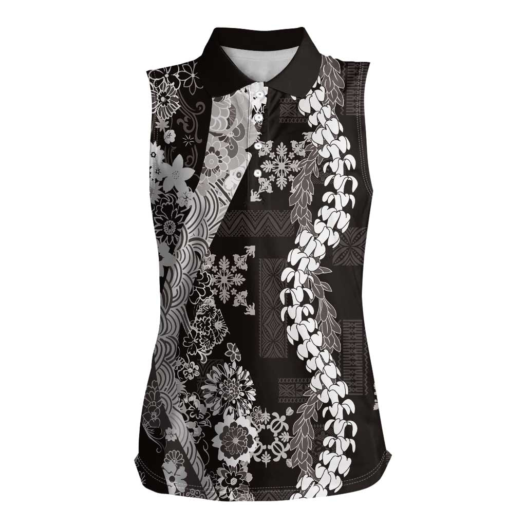 Hawaii Puakenikeni and Maile Lei Women Sleeveless Polo Shirt Black Japanese Wave Style LT9 Female Black - Polynesian Pride