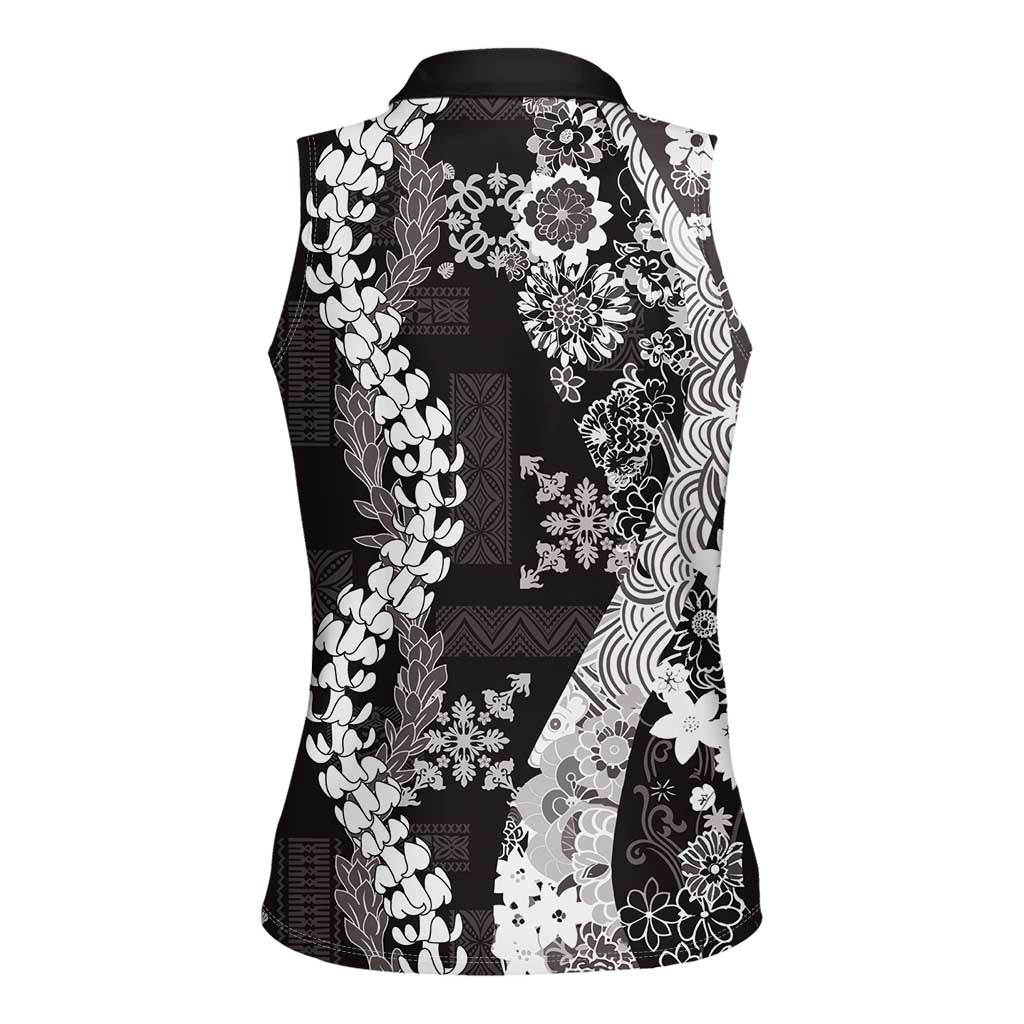 Hawaii Puakenikeni and Maile Lei Women Sleeveless Polo Shirt Black Japanese Wave Style LT9 - Polynesian Pride