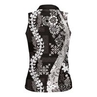 Hawaii Puakenikeni and Maile Lei Women Sleeveless Polo Shirt Black Japanese Wave Style LT9 - Polynesian Pride