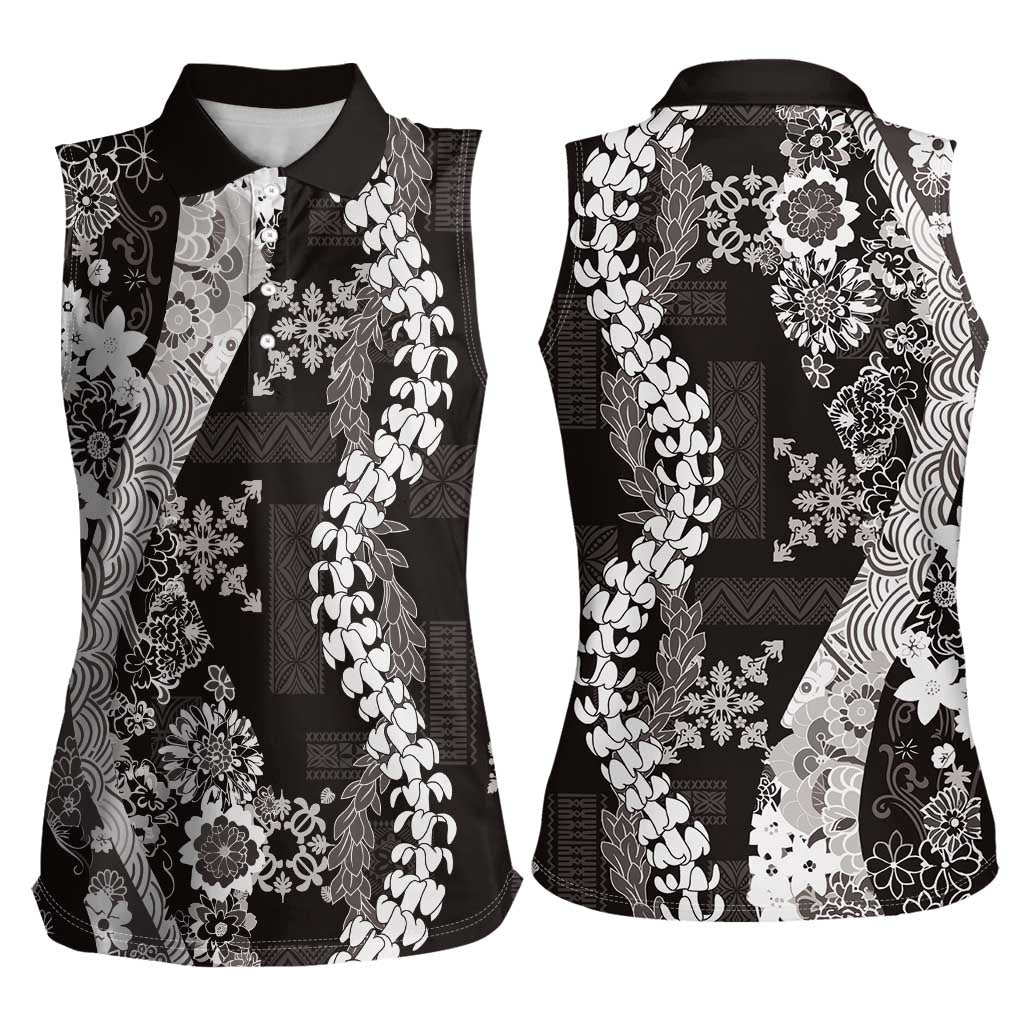 Hawaii Puakenikeni and Maile Lei Women Sleeveless Polo Shirt Black Japanese Wave Style LT9 - Polynesian Pride