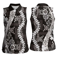 Hawaii Puakenikeni and Maile Lei Women Sleeveless Polo Shirt Black Japanese Wave Style LT9 - Polynesian Pride