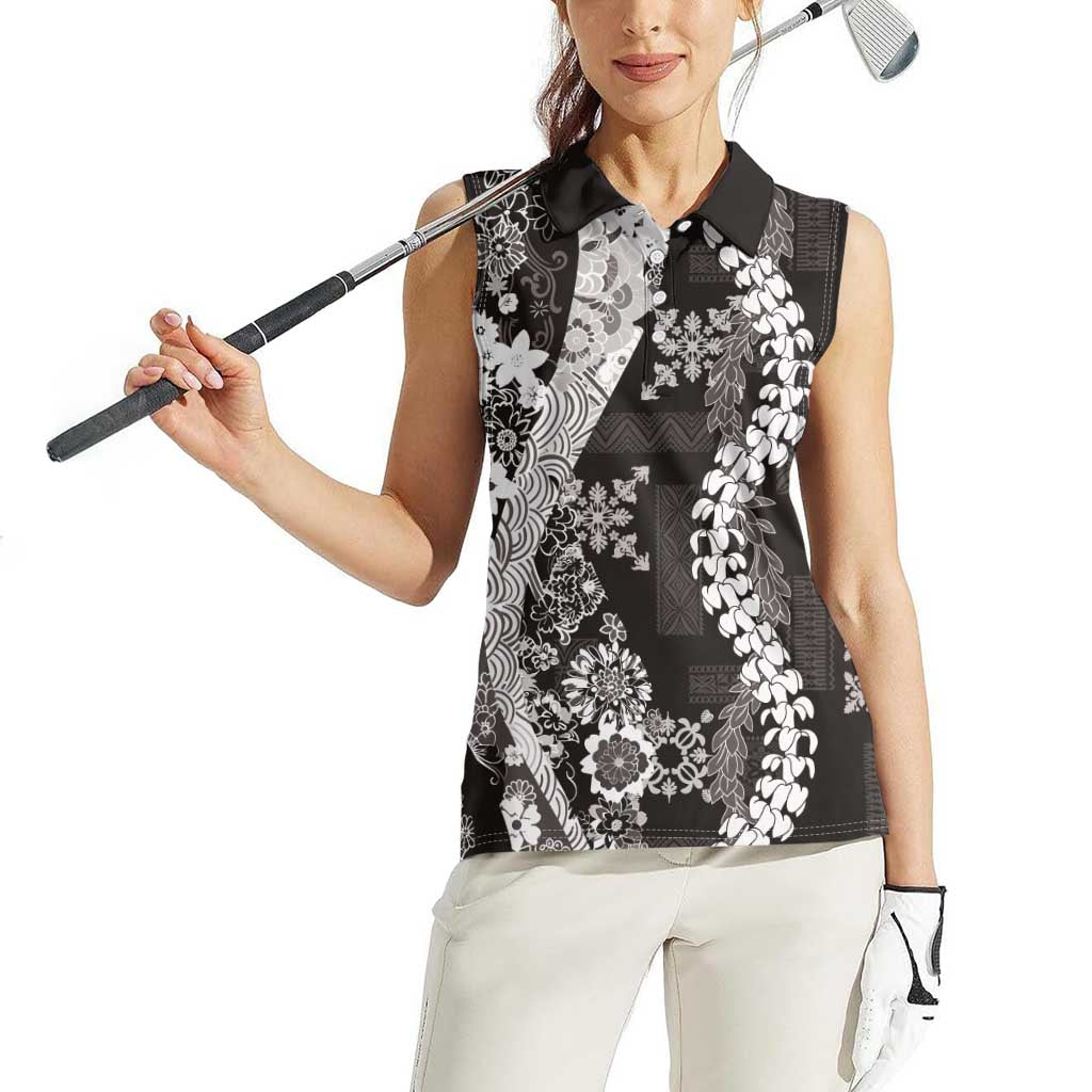 Hawaii Puakenikeni and Maile Lei Women Sleeveless Polo Shirt Black Japanese Wave Style LT9 - Polynesian Pride