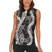 Hawaii Puakenikeni and Maile Lei Women Sleeveless Polo Shirt Black Japanese Wave Style LT9 - Polynesian Pride