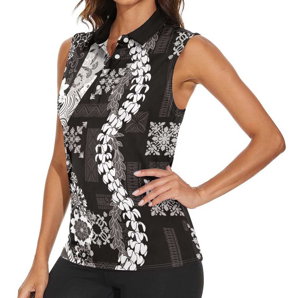 Hawaii Puakenikeni and Maile Lei Women Sleeveless Polo Shirt Black Japanese Wave Style LT9 - Polynesian Pride