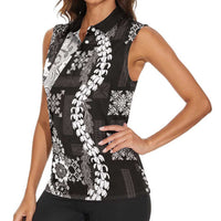 Hawaii Puakenikeni and Maile Lei Women Sleeveless Polo Shirt Black Japanese Wave Style LT9 - Polynesian Pride
