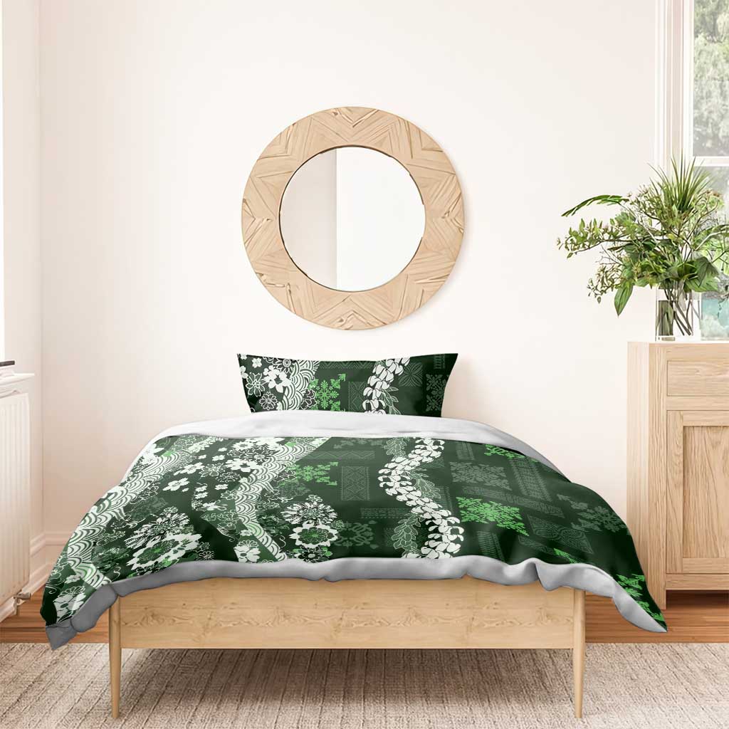 Hawaii Puakenikeni and Maile Lei Bedding Set Green Japanese Wave Style - Polynesian Pride