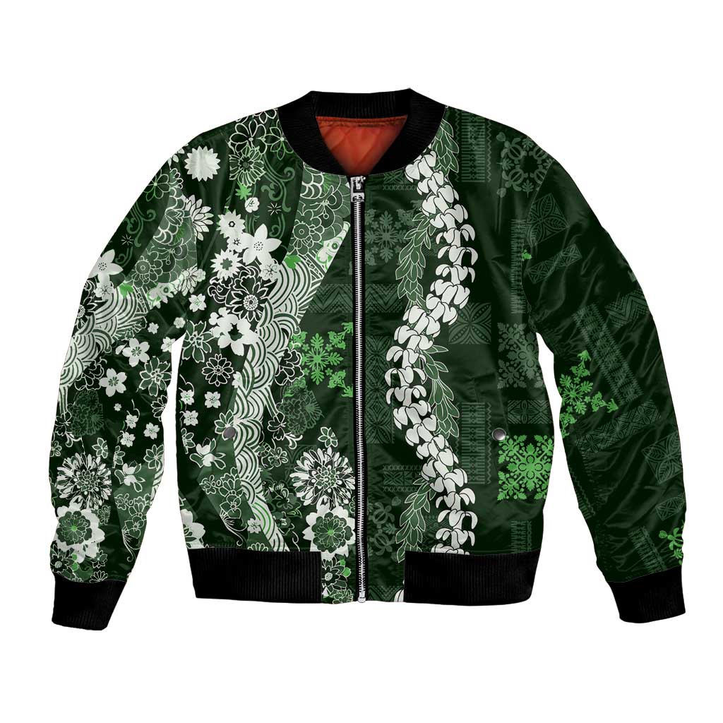 Hawaii Puakenikeni and Maile Lei Bomber Jacket Green Japanese Wave Style LT9 Unisex Green - Polynesian Pride