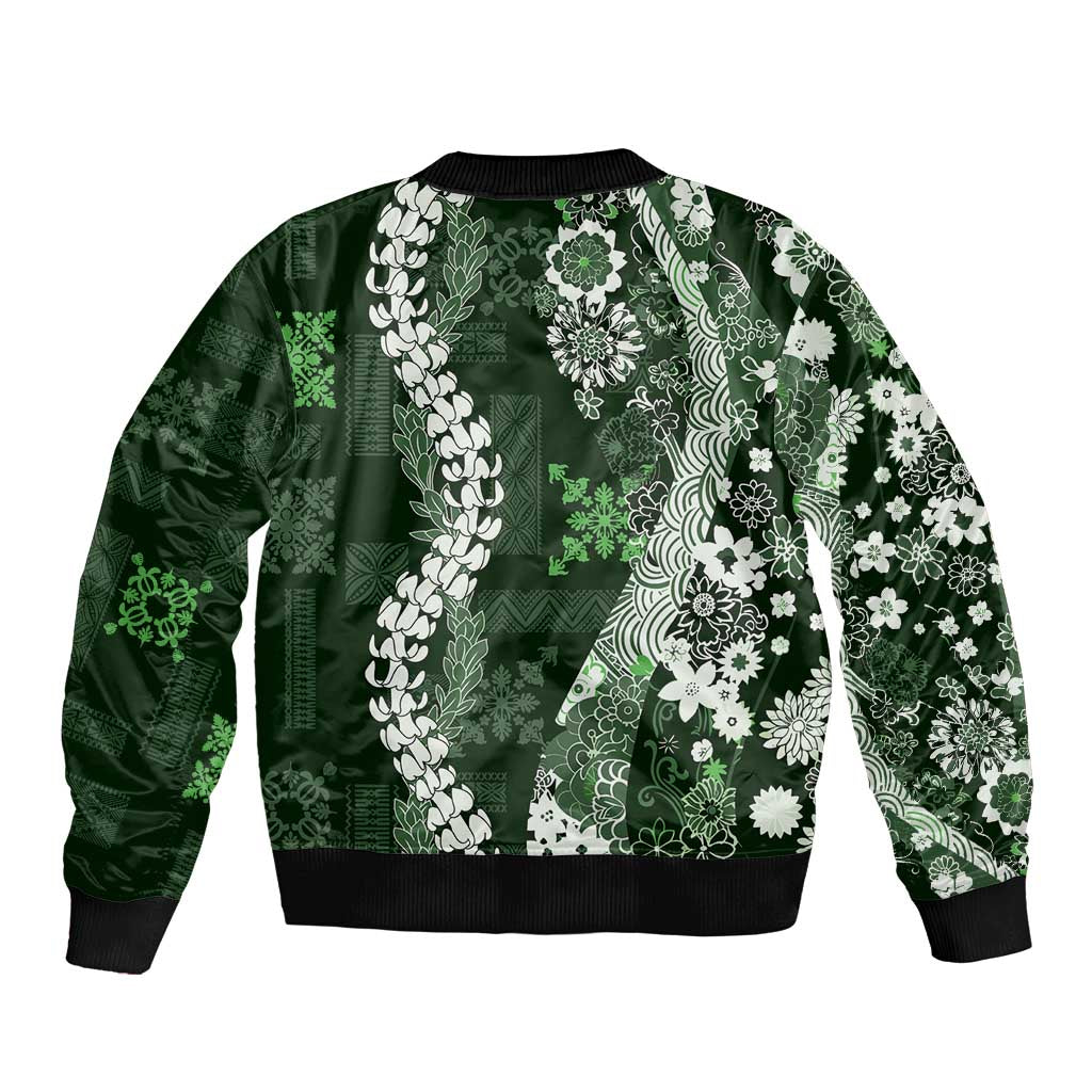 Hawaii Puakenikeni and Maile Lei Bomber Jacket Green Japanese Wave Style LT9 - Polynesian Pride