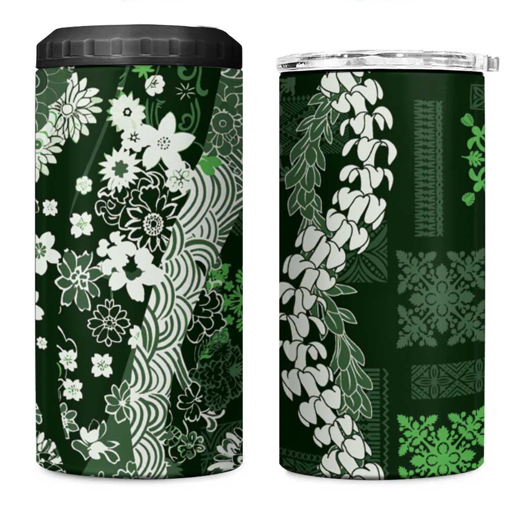 Hawaii Puakenikeni and Maile Lei 4 in 1 Can Cooler Tumbler Green Japanese Wave Style LT9 One Size: 16 oz Green - Polynesian Pride