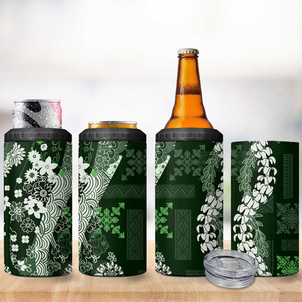 Hawaii Puakenikeni and Maile Lei 4 in 1 Can Cooler Tumbler Green Japanese Wave Style LT9 - Polynesian Pride