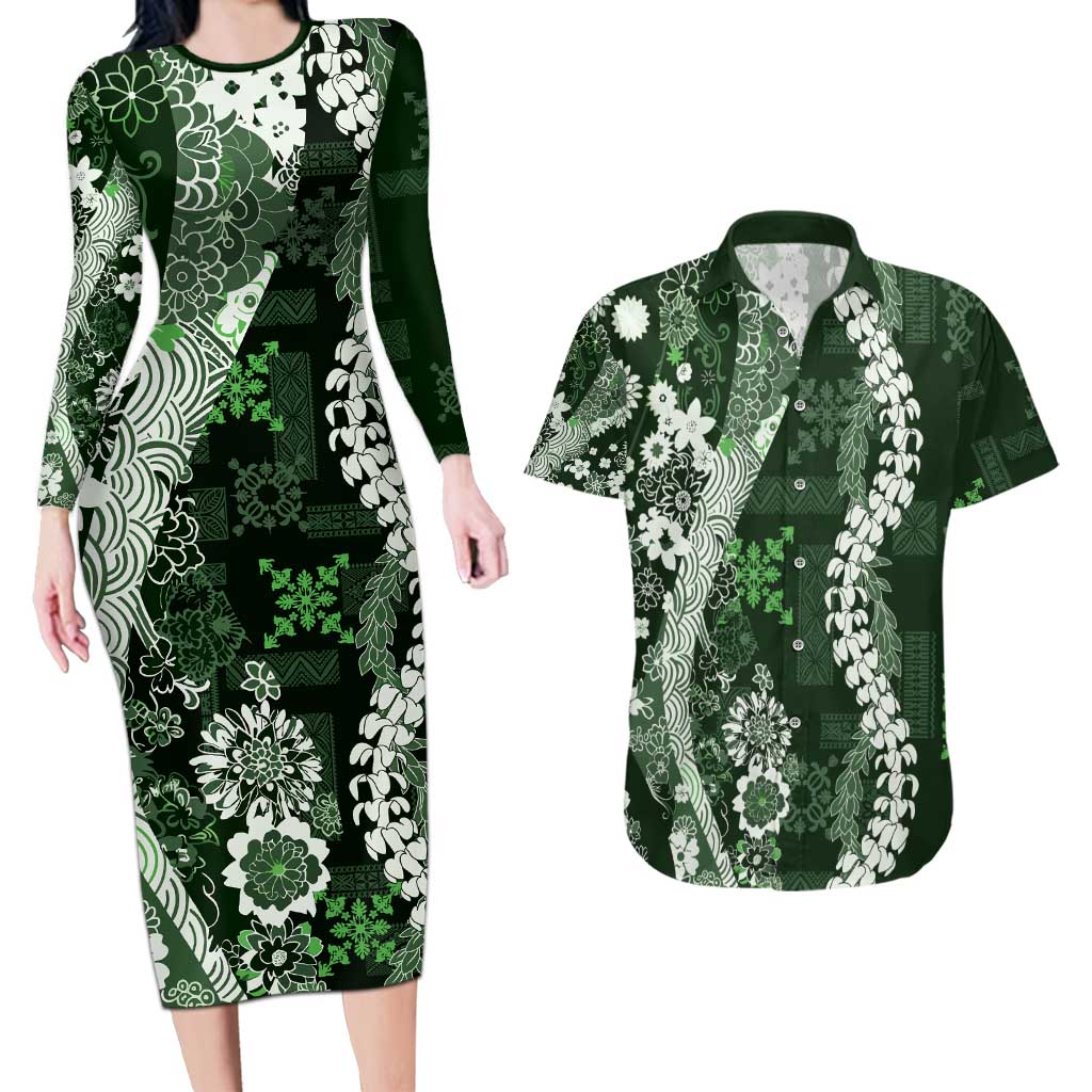 Hawaii Puakenikeni and Maile Lei Couples Matching Long Sleeve Bodycon Dress and Hawaiian Shirt Green Japanese Wave Style LT9 Green - Polynesian Pride