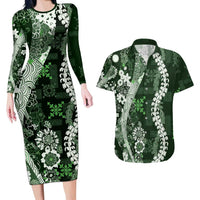 Hawaii Puakenikeni and Maile Lei Couples Matching Long Sleeve Bodycon Dress and Hawaiian Shirt Green Japanese Wave Style LT9 Green - Polynesian Pride