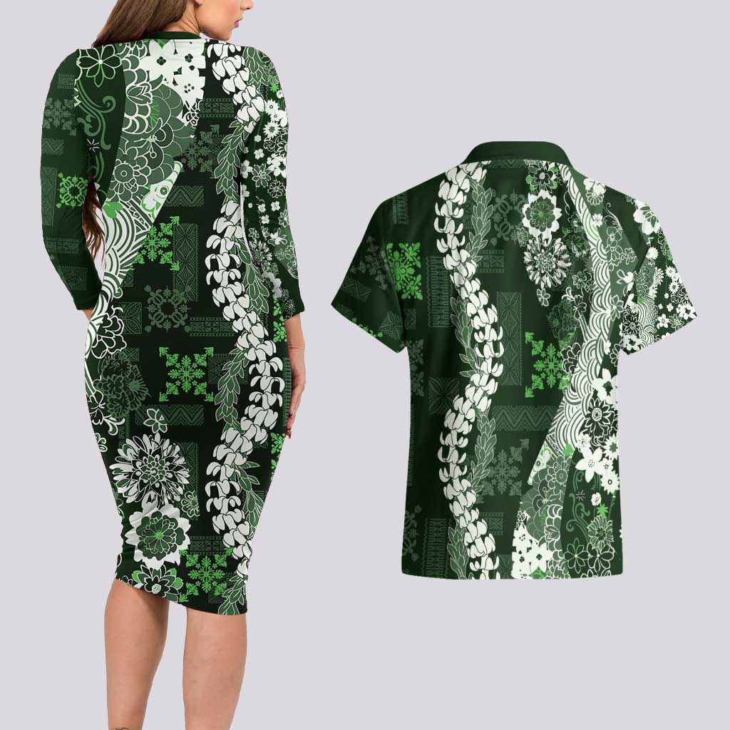 Hawaii Puakenikeni and Maile Lei Couples Matching Long Sleeve Bodycon Dress and Hawaiian Shirt Green Japanese Wave Style LT9 - Polynesian Pride
