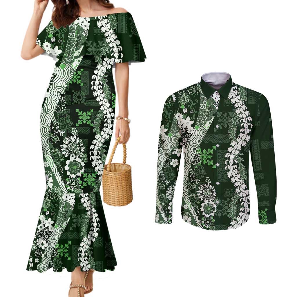 Hawaii Puakenikeni and Maile Lei Couples Matching Mermaid Dress and Long Sleeve Button Shirt Green Japanese Wave Style LT9 Green - Polynesian Pride
