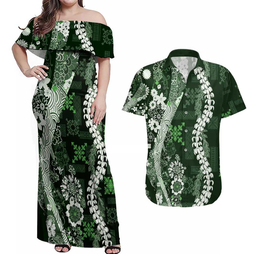 Hawaii Puakenikeni and Maile Lei Couples Matching Off Shoulder Maxi Dress and Hawaiian Shirt Green Japanese Wave Style LT9 Green - Polynesian Pride