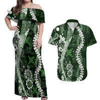 Hawaii Puakenikeni and Maile Lei Couples Matching Off Shoulder Maxi Dress and Hawaiian Shirt Green Japanese Wave Style LT9 Green - Polynesian Pride