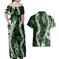 Hawaii Puakenikeni and Maile Lei Couples Matching Off Shoulder Maxi Dress and Hawaiian Shirt Green Japanese Wave Style LT9 - Polynesian Pride