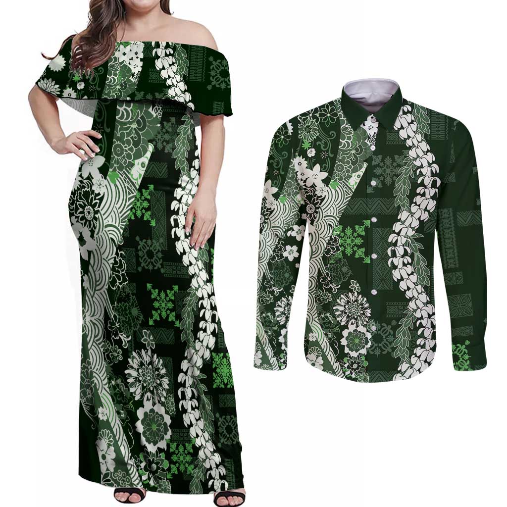 Hawaii Puakenikeni and Maile Lei Couples Matching Off Shoulder Maxi Dress and Long Sleeve Button Shirt Green Japanese Wave Style LT9 Green - Polynesian Pride