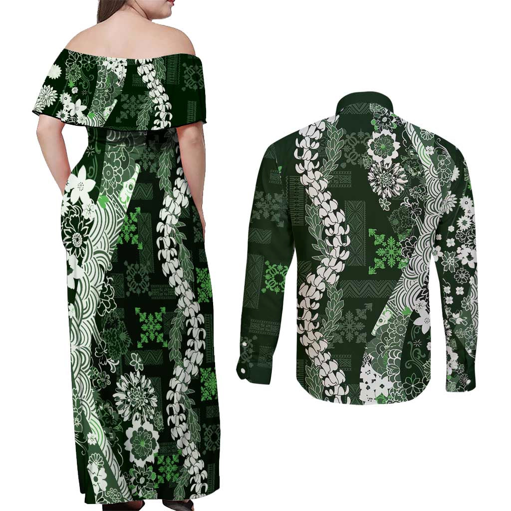 Hawaii Puakenikeni and Maile Lei Couples Matching Off Shoulder Maxi Dress and Long Sleeve Button Shirt Green Japanese Wave Style LT9 - Polynesian Pride