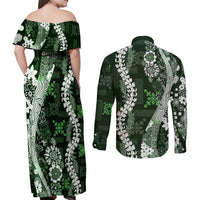Hawaii Puakenikeni and Maile Lei Couples Matching Off Shoulder Maxi Dress and Long Sleeve Button Shirt Green Japanese Wave Style LT9 - Polynesian Pride