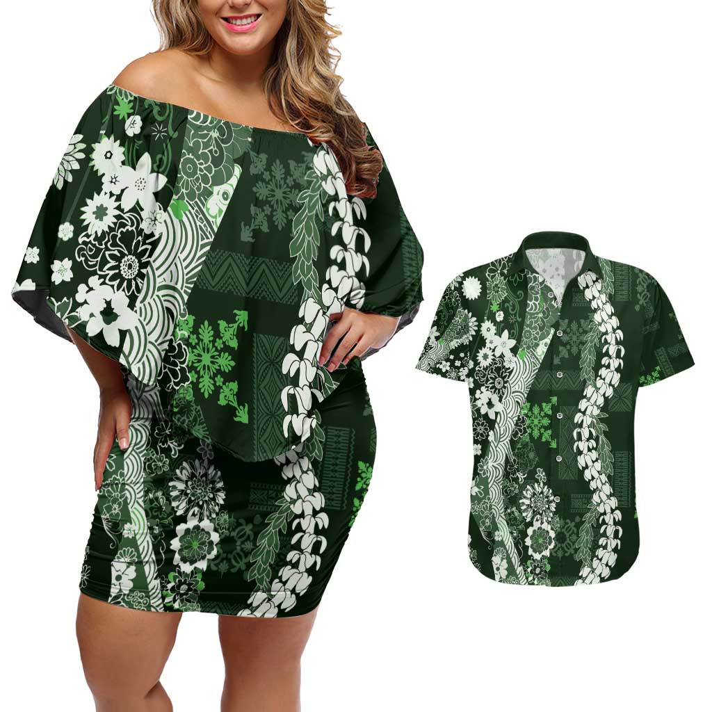 Hawaii Puakenikeni and Maile Lei Couples Matching Off Shoulder Short Dress and Hawaiian Shirt Green Japanese Wave Style LT9 Green - Polynesian Pride