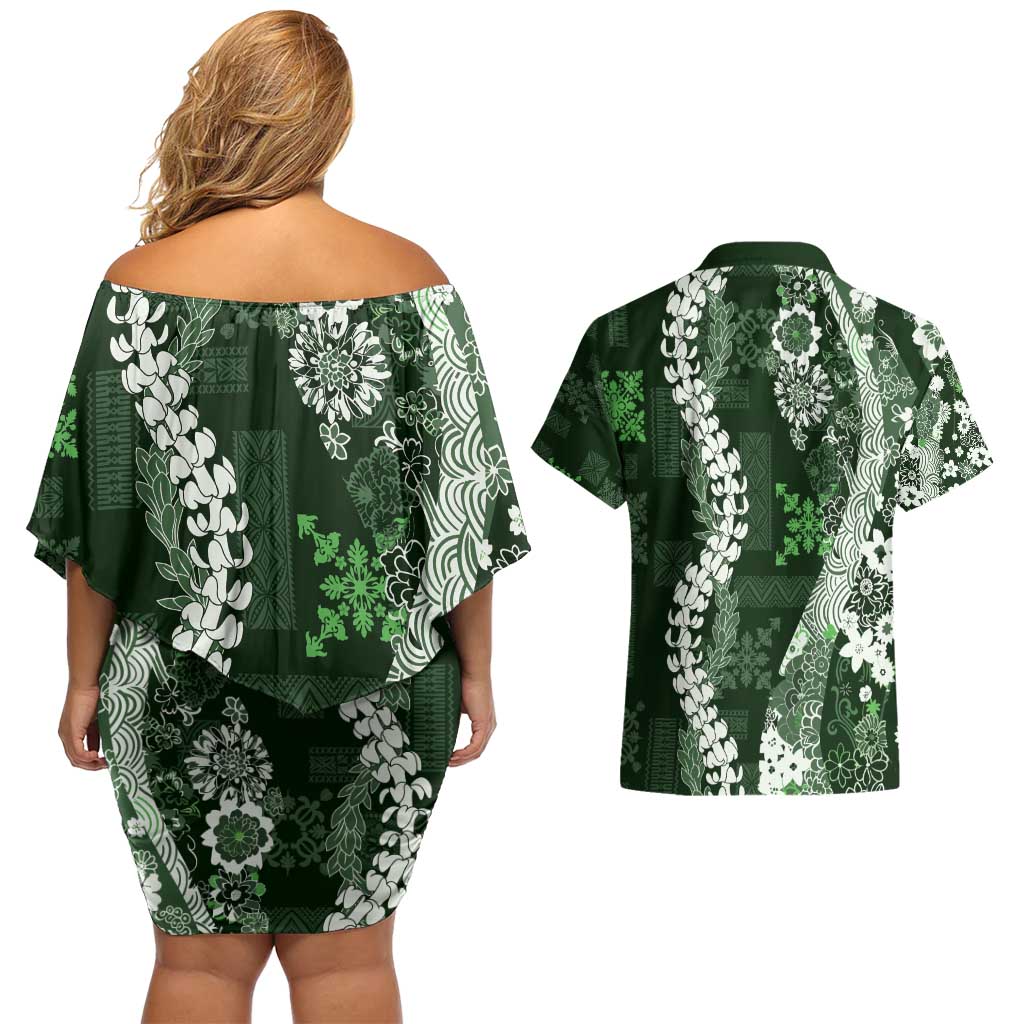Hawaii Puakenikeni and Maile Lei Couples Matching Off Shoulder Short Dress and Hawaiian Shirt Green Japanese Wave Style LT9 - Polynesian Pride