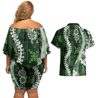 Hawaii Puakenikeni and Maile Lei Couples Matching Off Shoulder Short Dress and Hawaiian Shirt Green Japanese Wave Style LT9 - Polynesian Pride