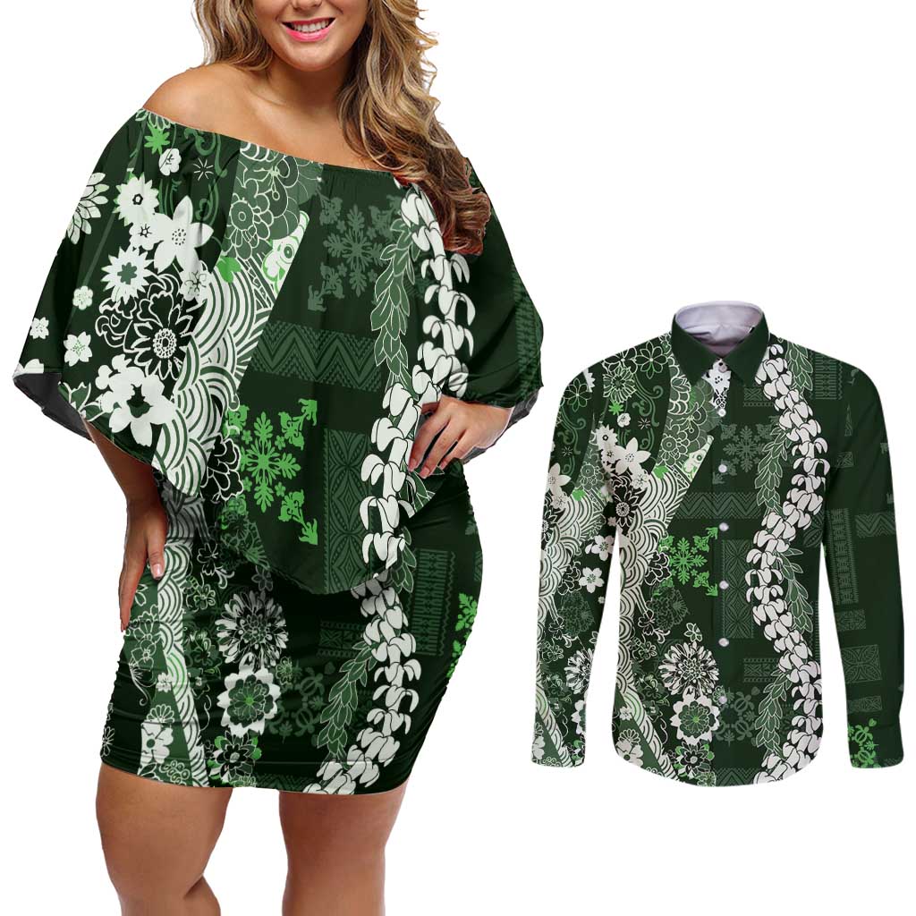 Hawaii Puakenikeni and Maile Lei Couples Matching Off Shoulder Short Dress and Long Sleeve Button Shirt Green Japanese Wave Style LT9 Green - Polynesian Pride
