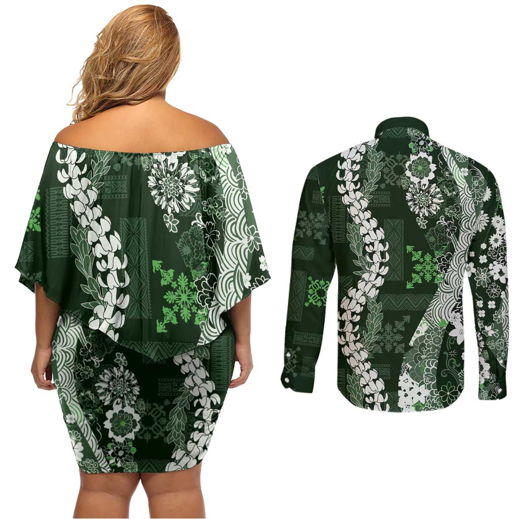 Hawaii Puakenikeni and Maile Lei Couples Matching Off Shoulder Short Dress and Long Sleeve Button Shirt Green Japanese Wave Style LT9 - Polynesian Pride