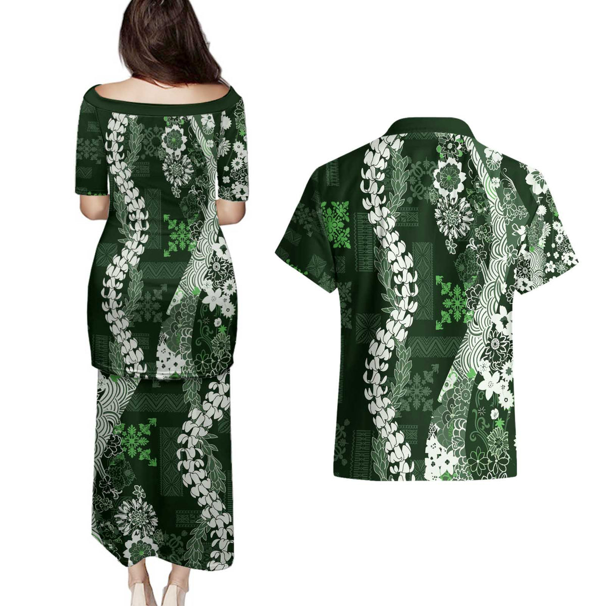 Hawaii Puakenikeni and Maile Lei Couples Matching Puletasi and Hawaiian Shirt Green Japanese Wave Style LT9 - Polynesian Pride