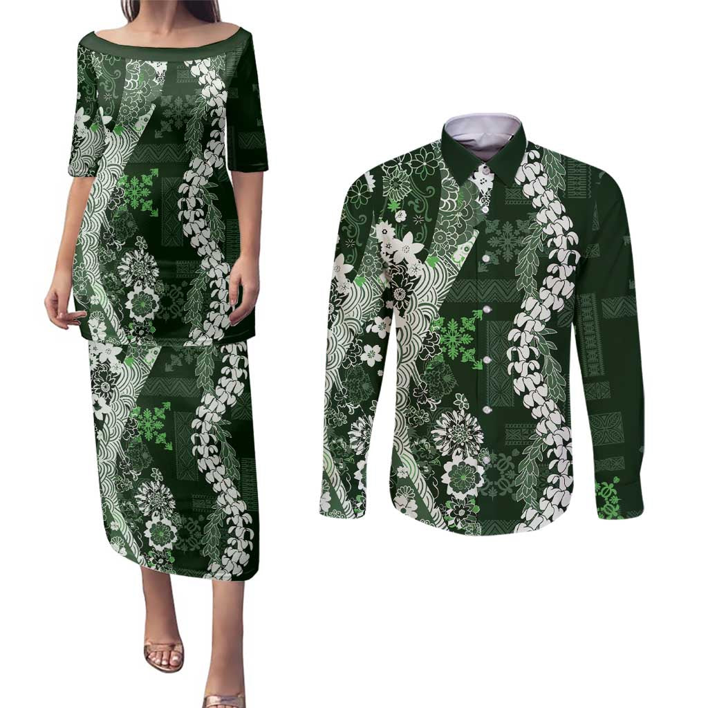 Hawaii Puakenikeni and Maile Lei Couples Matching Puletasi and Long Sleeve Button Shirt Green Japanese Wave Style LT9 Green - Polynesian Pride
