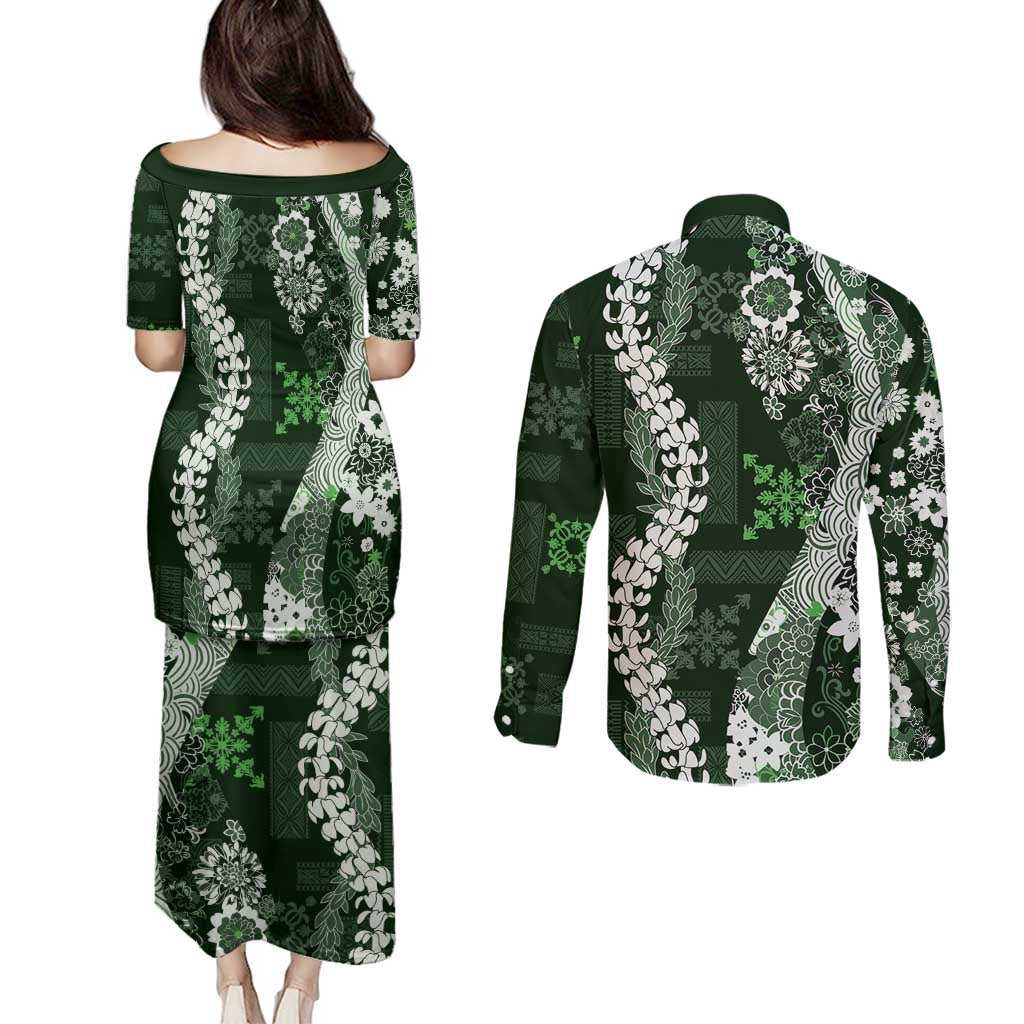 Hawaii Puakenikeni and Maile Lei Couples Matching Puletasi and Long Sleeve Button Shirt Green Japanese Wave Style LT9 - Polynesian Pride