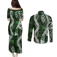 Hawaii Puakenikeni and Maile Lei Couples Matching Puletasi and Long Sleeve Button Shirt Green Japanese Wave Style LT9 - Polynesian Pride