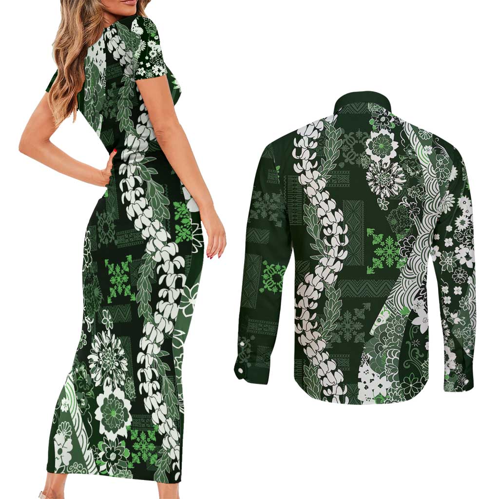 Hawaii Puakenikeni and Maile Lei Couples Matching Short Sleeve Bodycon Dress and Long Sleeve Button Shirt Green Japanese Wave Style LT9 - Polynesian Pride