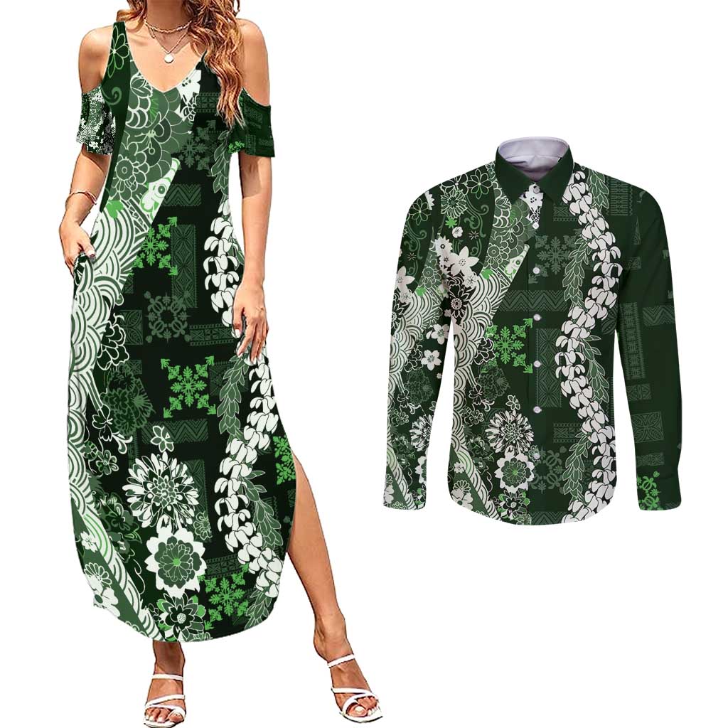 Hawaii Puakenikeni and Maile Lei Couples Matching Summer Maxi Dress and Long Sleeve Button Shirt Green Japanese Wave Style LT9 Green - Polynesian Pride