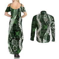 Hawaii Puakenikeni and Maile Lei Couples Matching Summer Maxi Dress and Long Sleeve Button Shirt Green Japanese Wave Style LT9 - Polynesian Pride