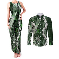 Hawaii Puakenikeni and Maile Lei Couples Matching Tank Maxi Dress and Long Sleeve Button Shirt Green Japanese Wave Style LT9 Green - Polynesian Pride
