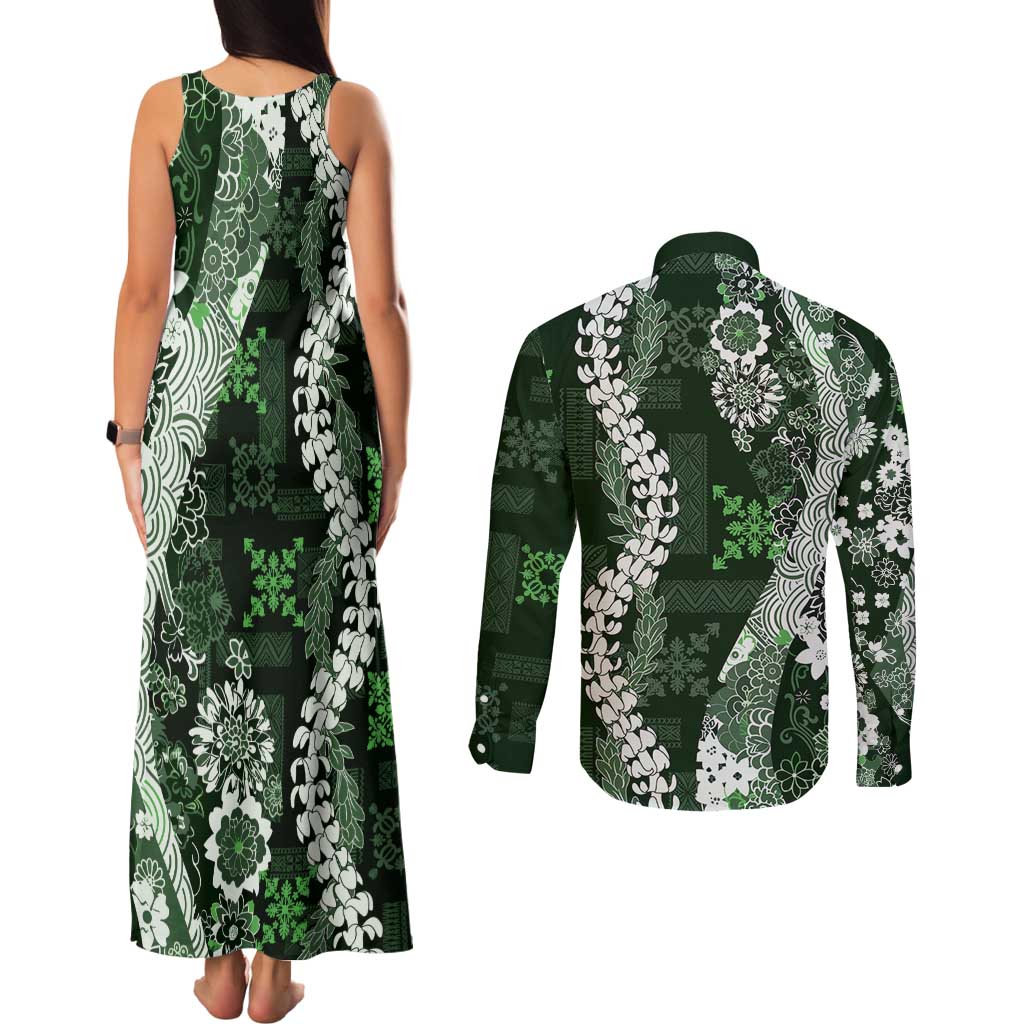 Hawaii Puakenikeni and Maile Lei Couples Matching Tank Maxi Dress and Long Sleeve Button Shirt Green Japanese Wave Style LT9 - Polynesian Pride