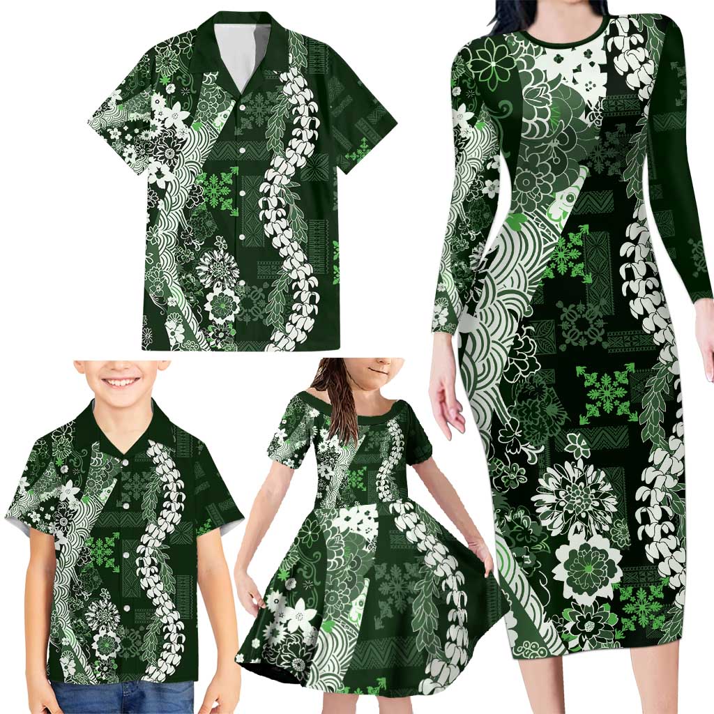 Hawaii Puakenikeni and Maile Lei Family Matching Long Sleeve Bodycon Dress and Hawaiian Shirt Green Japanese Wave Style LT9 - Polynesian Pride