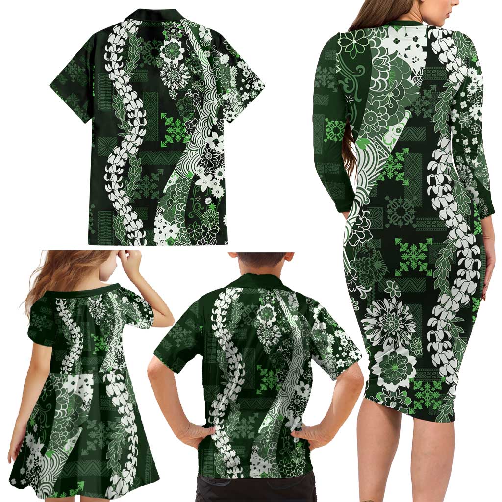 Hawaii Puakenikeni and Maile Lei Family Matching Long Sleeve Bodycon Dress and Hawaiian Shirt Green Japanese Wave Style LT9 - Polynesian Pride