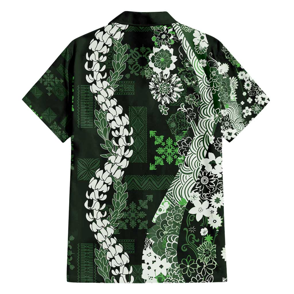 Hawaii Puakenikeni and Maile Lei Family Matching Long Sleeve Bodycon Dress and Hawaiian Shirt Green Japanese Wave Style LT9 - Polynesian Pride