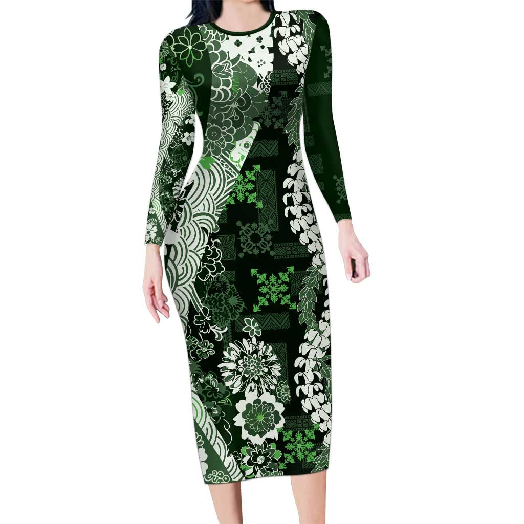 Hawaii Puakenikeni and Maile Lei Family Matching Long Sleeve Bodycon Dress and Hawaiian Shirt Green Japanese Wave Style LT9 Mom's Dress Green - Polynesian Pride