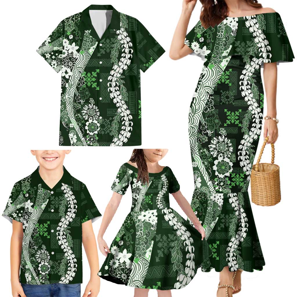 Hawaii Puakenikeni and Maile Lei Family Matching Mermaid Dress and Hawaiian Shirt Green Japanese Wave Style LT9 - Polynesian Pride