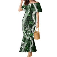 Hawaii Puakenikeni and Maile Lei Family Matching Mermaid Dress and Hawaiian Shirt Green Japanese Wave Style LT9 Mom's Dress Green - Polynesian Pride