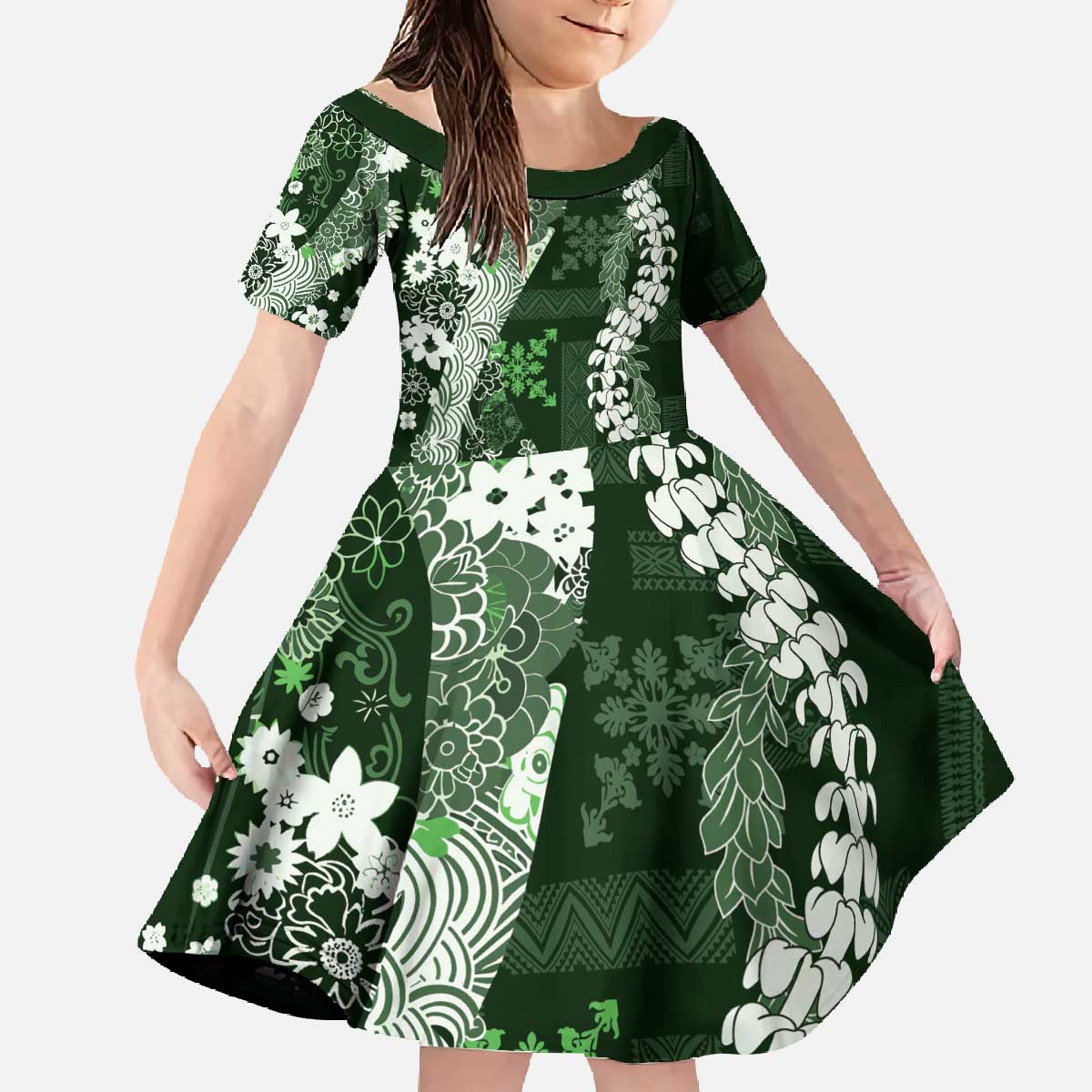 Hawaii Puakenikeni and Maile Lei Family Matching Off The Shoulder Long Sleeve Dress and Hawaiian Shirt Green Japanese Wave Style LT9 Daughter's Dress Green - Polynesian Pride