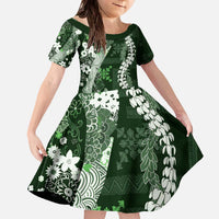 Hawaii Puakenikeni and Maile Lei Family Matching Off The Shoulder Long Sleeve Dress and Hawaiian Shirt Green Japanese Wave Style LT9 Daughter's Dress Green - Polynesian Pride