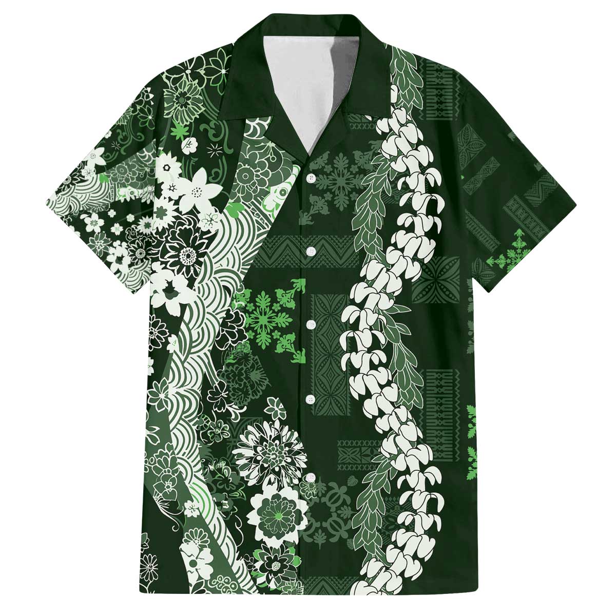 Hawaii Puakenikeni and Maile Lei Family Matching Off The Shoulder Long Sleeve Dress and Hawaiian Shirt Green Japanese Wave Style LT9 Dad's Shirt - Short Sleeve Green - Polynesian Pride