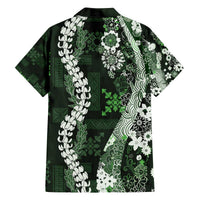 Hawaii Puakenikeni and Maile Lei Family Matching Off The Shoulder Long Sleeve Dress and Hawaiian Shirt Green Japanese Wave Style LT9 - Polynesian Pride